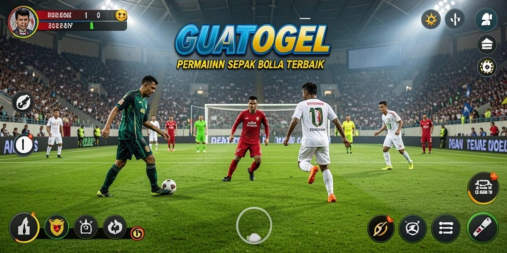 Tampilan gameplay GUATOGEL dengan aksi seru di lapangan sepak bola.