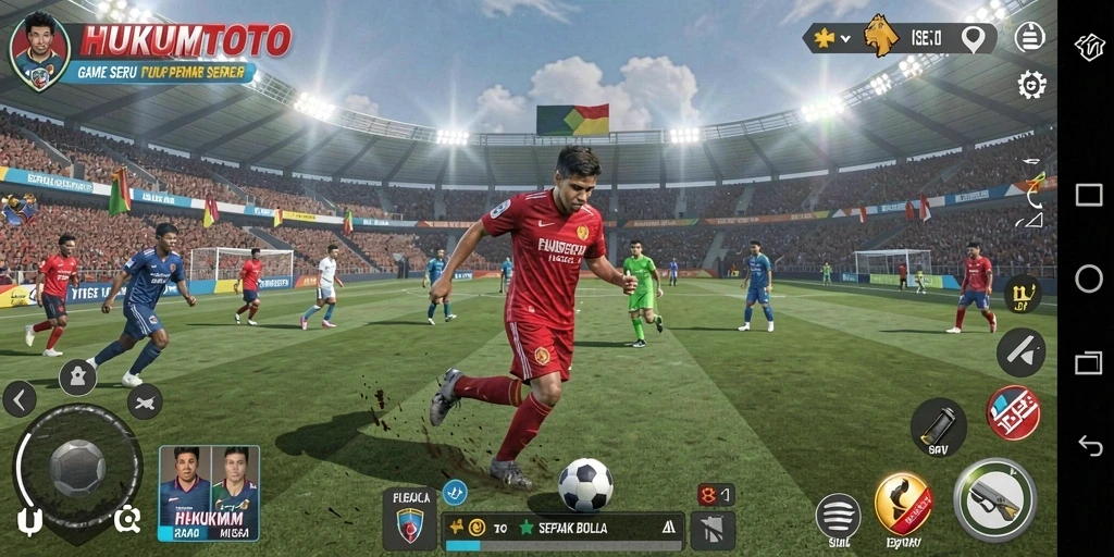 Screenshot gameplay HUKUMTOTO yang menunjukkan aksi sepak bola yang seru.