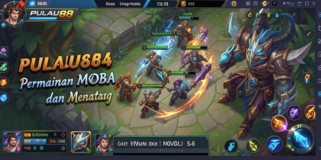 Tangkapan layar PULAU88 menampilkan aksi MOBA epik dengan karakter sedang bertarung.